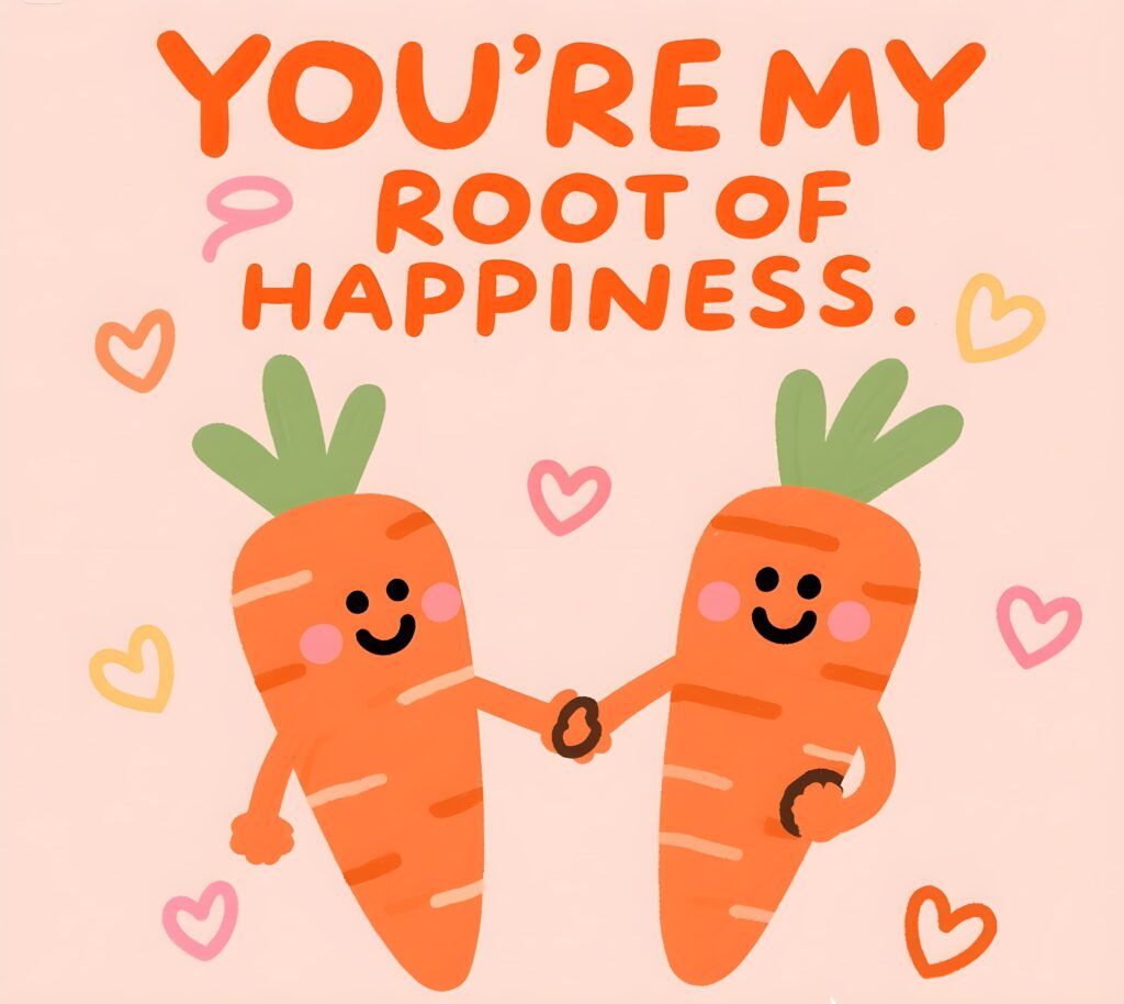 Valentine's card with two carrots holding hands, celebrating love with fun carrot puns.