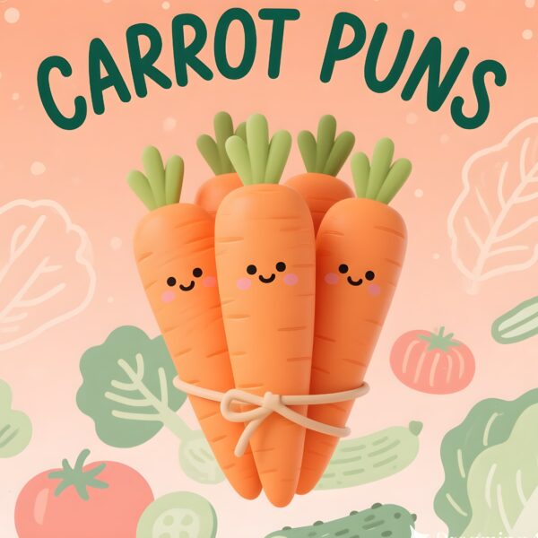 Cute illustration of funny carrot puns, featuring vibrant colors and playful text.