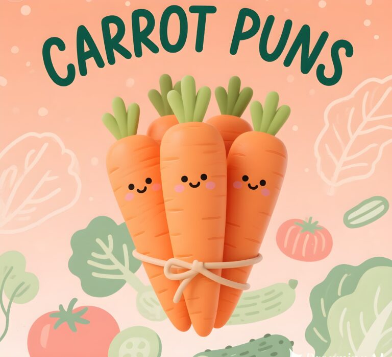 Cute illustration of funny carrot puns, featuring vibrant colors and playful text.