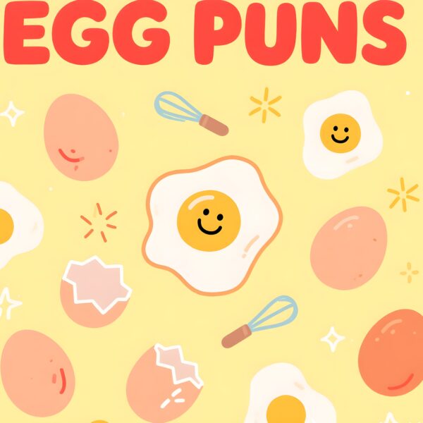 Bright yellow backdrop with the phrase "egg puns" displayed, showcasing a lighthearted take on egg-related wordplay.