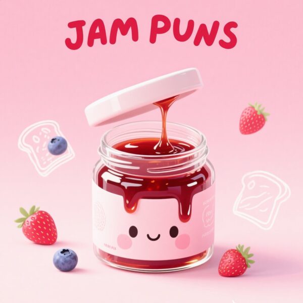 A vibrant display of jam puns, showcasing clever wordplay centered around fruit preserves and humor.