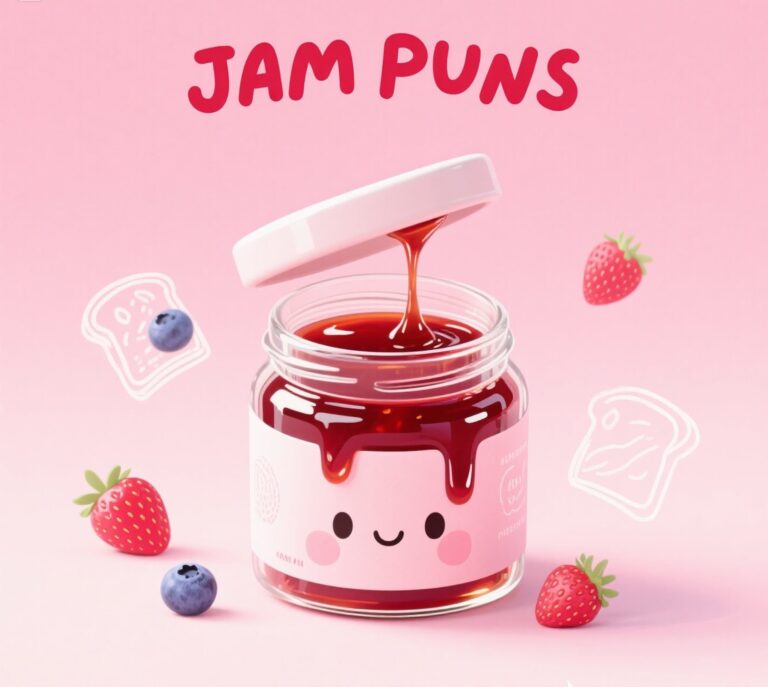 A vibrant display of jam puns, showcasing clever wordplay centered around fruit preserves and humor.