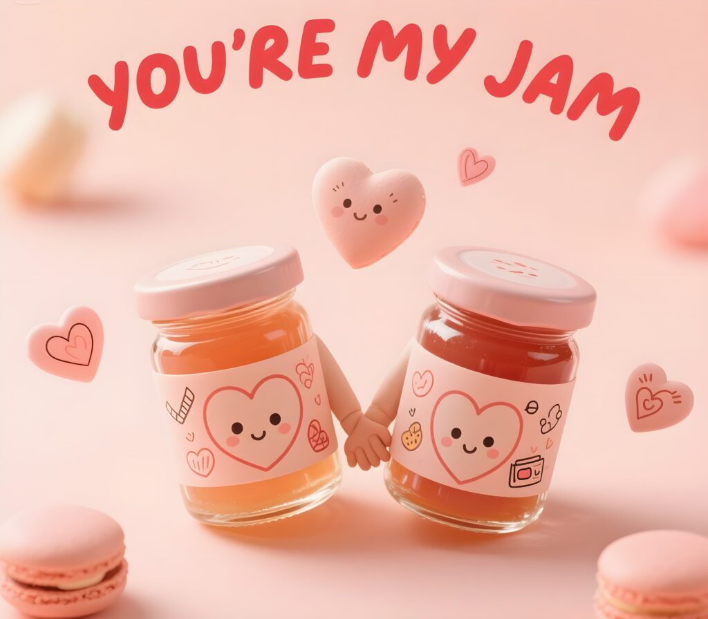 wo jars of jam adorned with hearts, set against a pink backdrop, showcasing playful jam puns and sweetness.