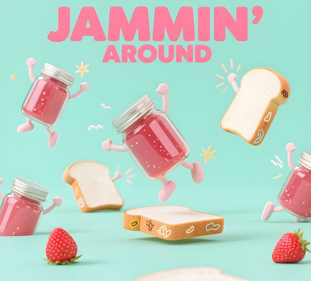 Vibrant piece "Jammin Around" image showcasing whimsical jam puns and a joyful musical atmosphere.