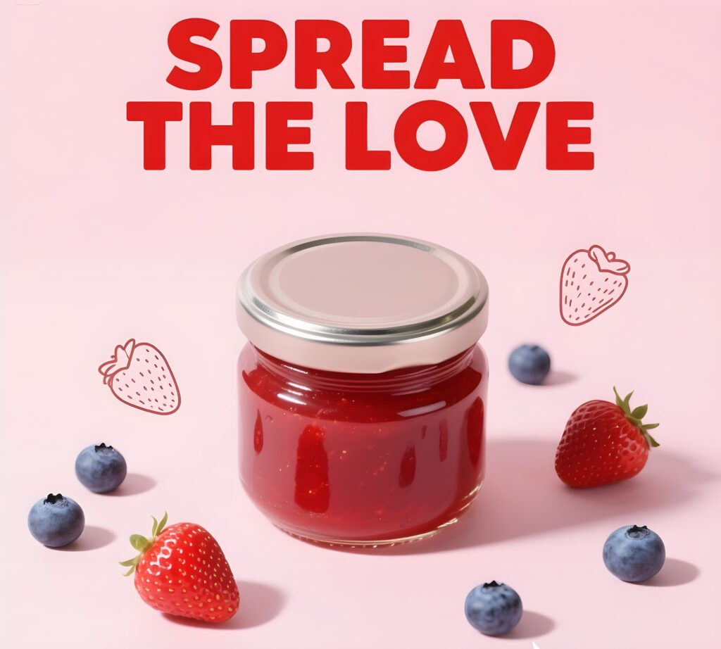 An assortment of jam jars snugly fitted together, creatively illustrating a lighthearted jam pun idea.
