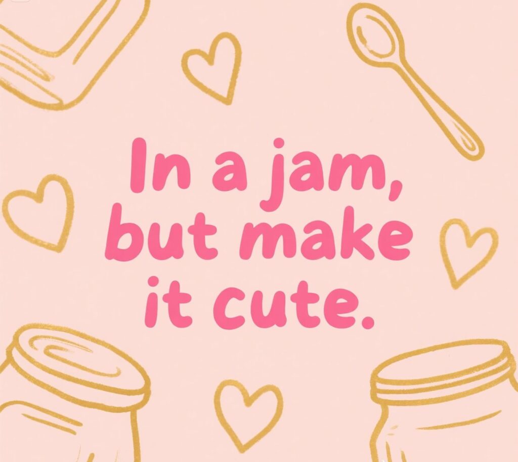 A cute cartoon jar of jam with a smiling face, surrounded by playful fruit characters and punny text about being in a jam.