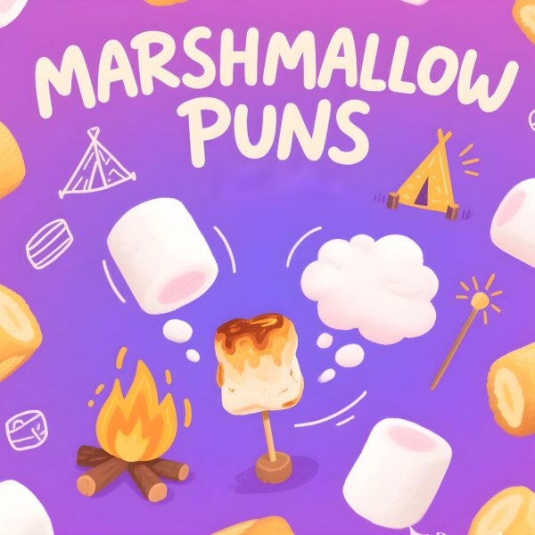 Colorful illustration of marshmallow puns, featuring playful text and cute marshmallow characters.