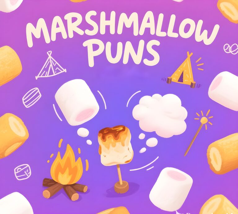 Colorful illustration of marshmallow puns, featuring playful text and cute marshmallow characters.
