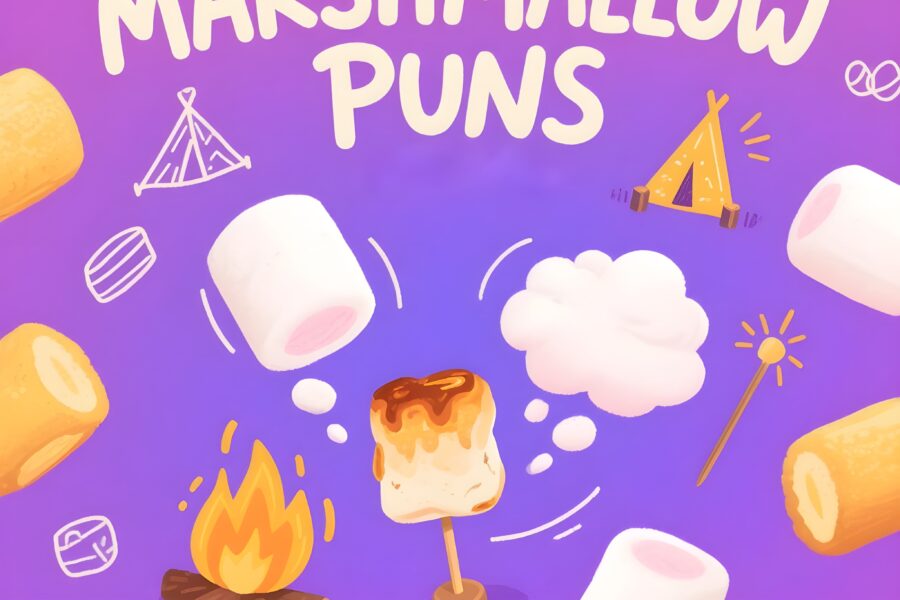 Colorful illustration of marshmallow puns, featuring playful text and cute marshmallow characters.