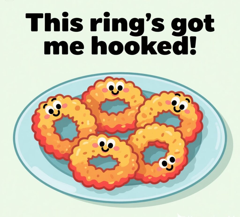A quirky onion ring with onion puns captioned This ringโs got me hooked