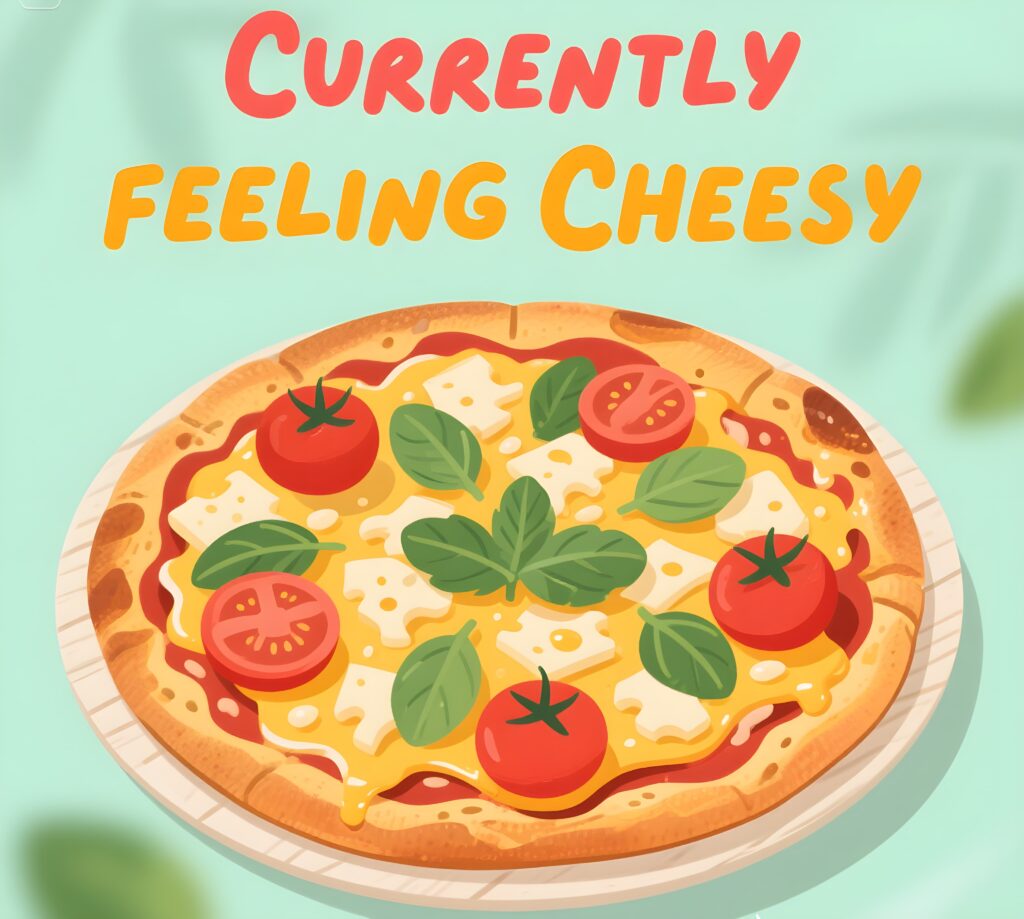 Cheesy pizza slice vector illustration, complete with humorous pizza puns, capturing a lighthearted vibe.