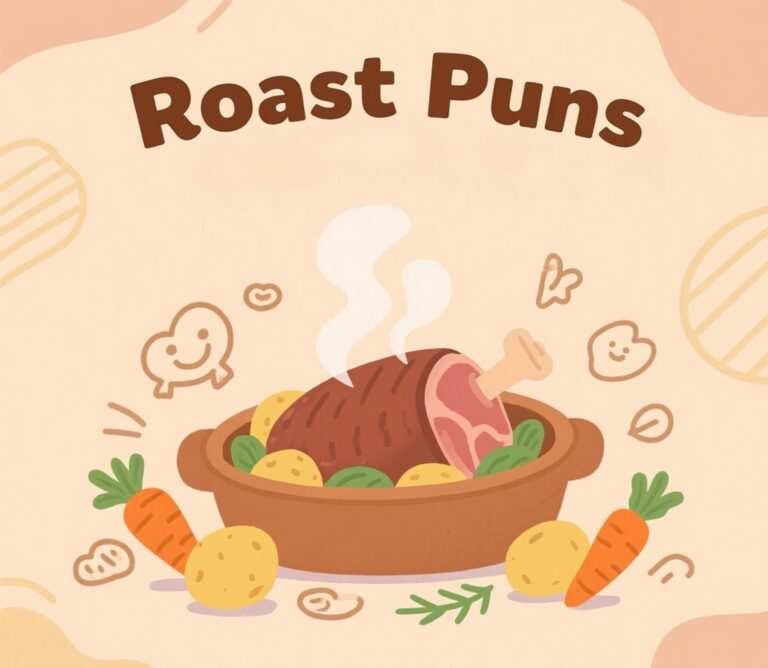 Illustration of roast puns featuring playful text and humorous graphics related to roasting jokes.