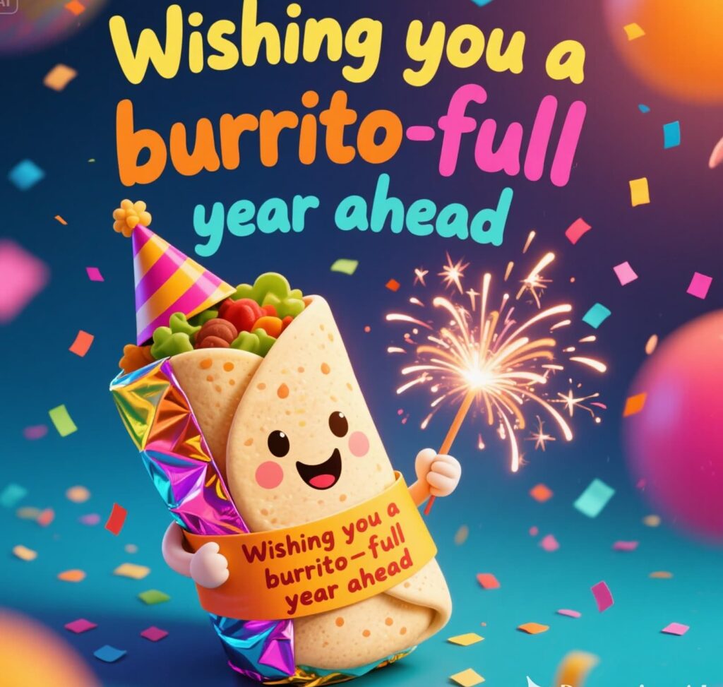 A playful burrito with a calendar, symbolizing a fun-filled year ahead with burrito puns.