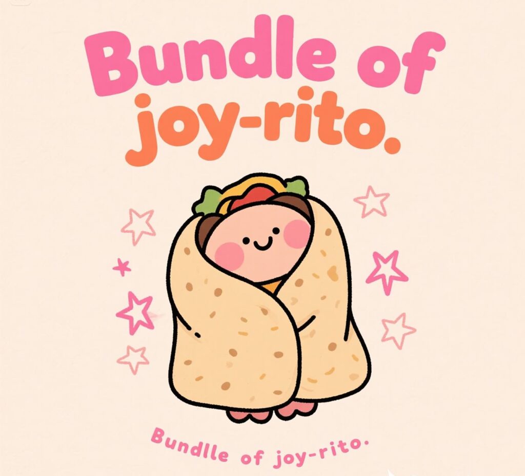 A cheerful illustration of a burrito with the phrase "bundle of joy-rito" playfully celebrating burrito puns.
