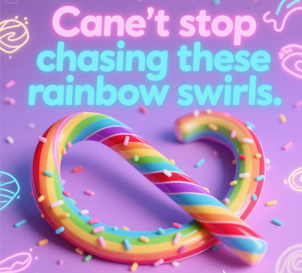 Colorful rainbow swirls with candy cane patterns, evoking a playful and sweet atmosphere of fun and joy.