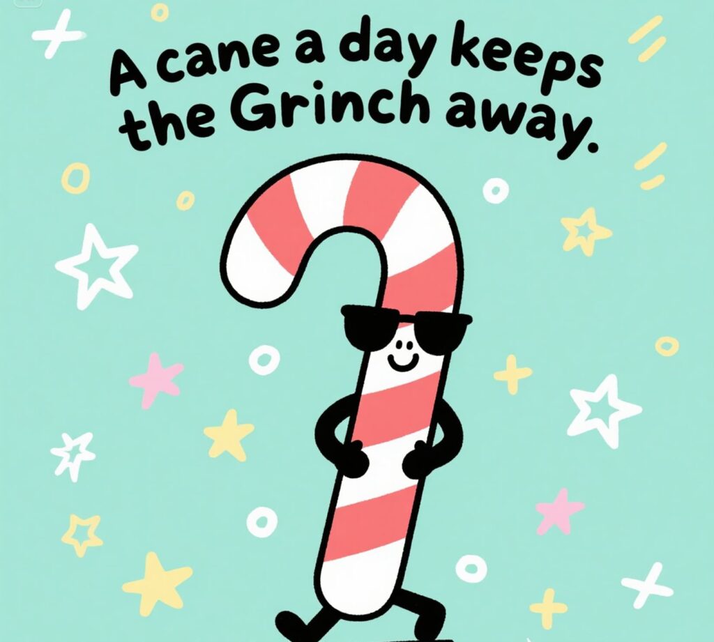 A whimsical graphic featuring a candy cane puns with the text "A cane a day keeps the Grinch away" in festive colors.