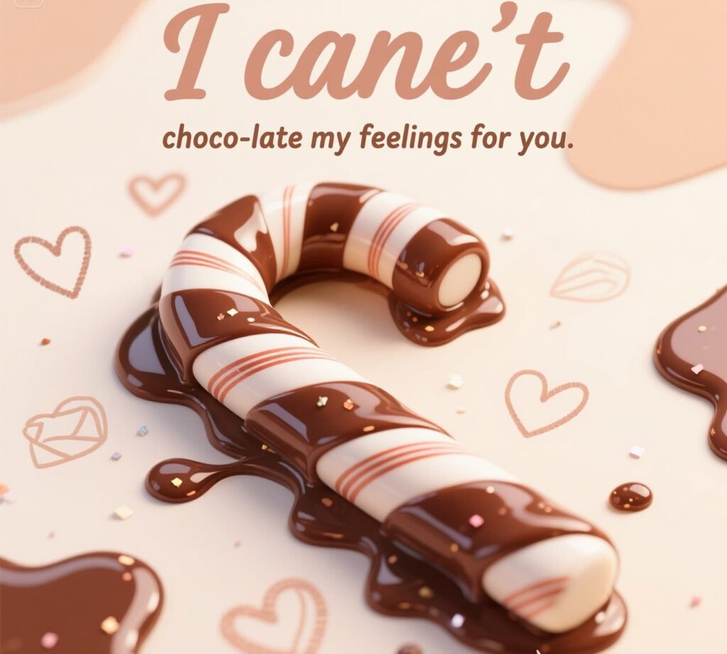 A festive chocolate candy cane featuring a heart-shaped chocolate, ideal for spreading love and holiday cheer