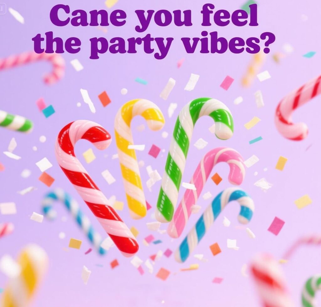 A festive scene with colorful decorations and candy canes puns capturing the lively spirit of a holiday party.
