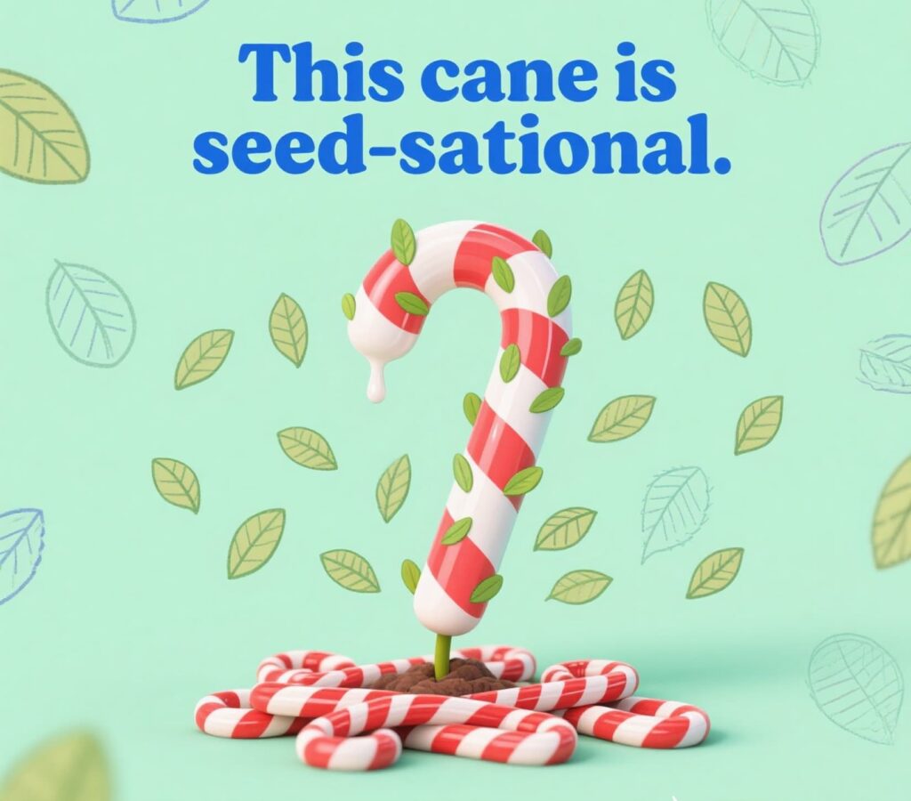A whimsical candy cane with a playful pun, showcasing a seed-neutral design for festive fun.
