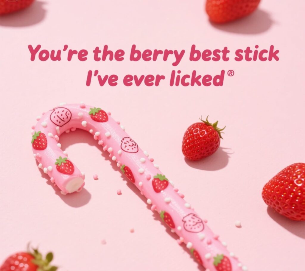 A cute strawberry-themed candy cane, cleverly playing on the phrase "best stick" for a fun holiday vibe.
