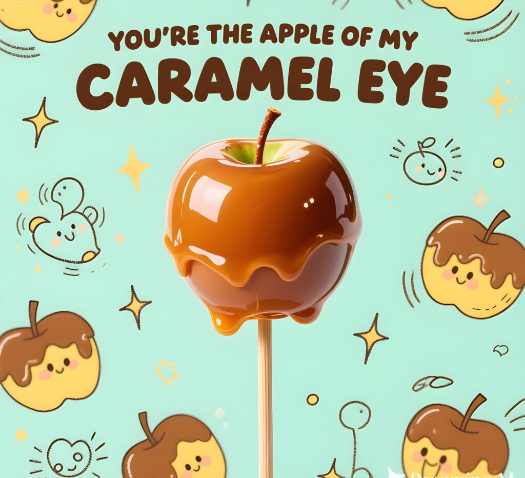 An apple adorned with caramel eyes and the words "You're the apple of my caramel eye," highlighting a sweet pun.