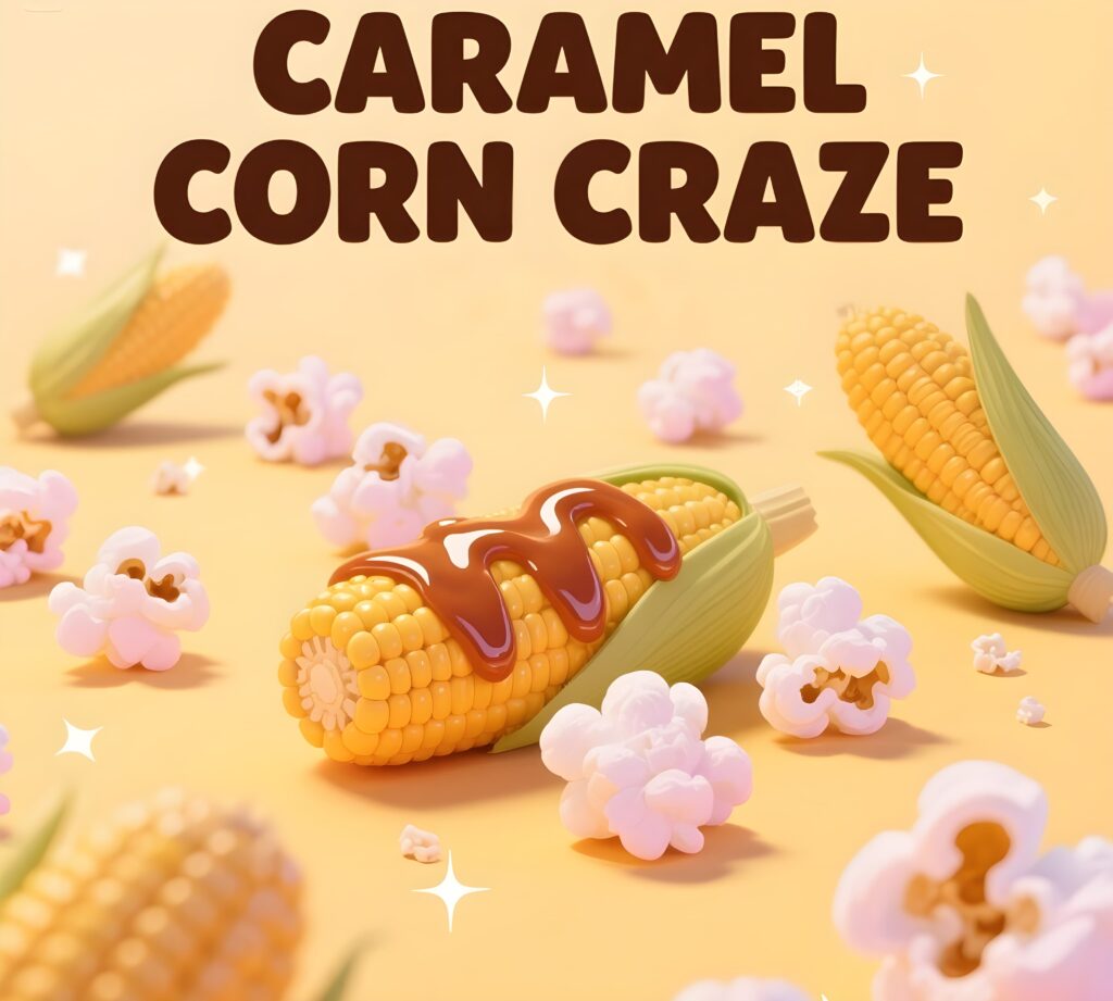 Whimsical 3D model of caramel corn featuring clever caramel puns, perfect for a sweet treat theme.