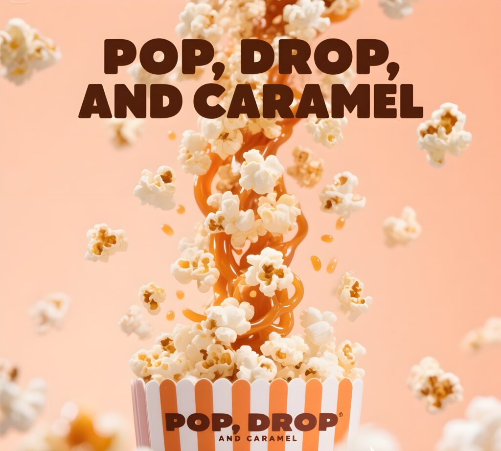 Fun graphic showcasing caramel puns with the phrases "pop," "drop," and "caramel" in a whimsical design.