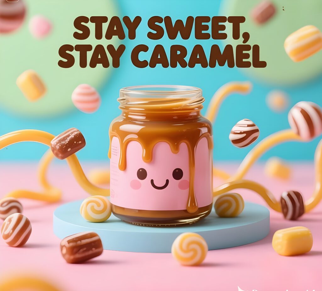 A playful graphic featuring the phrase "stay sweet, stay caramel" with caramel-themed illustrations and puns.