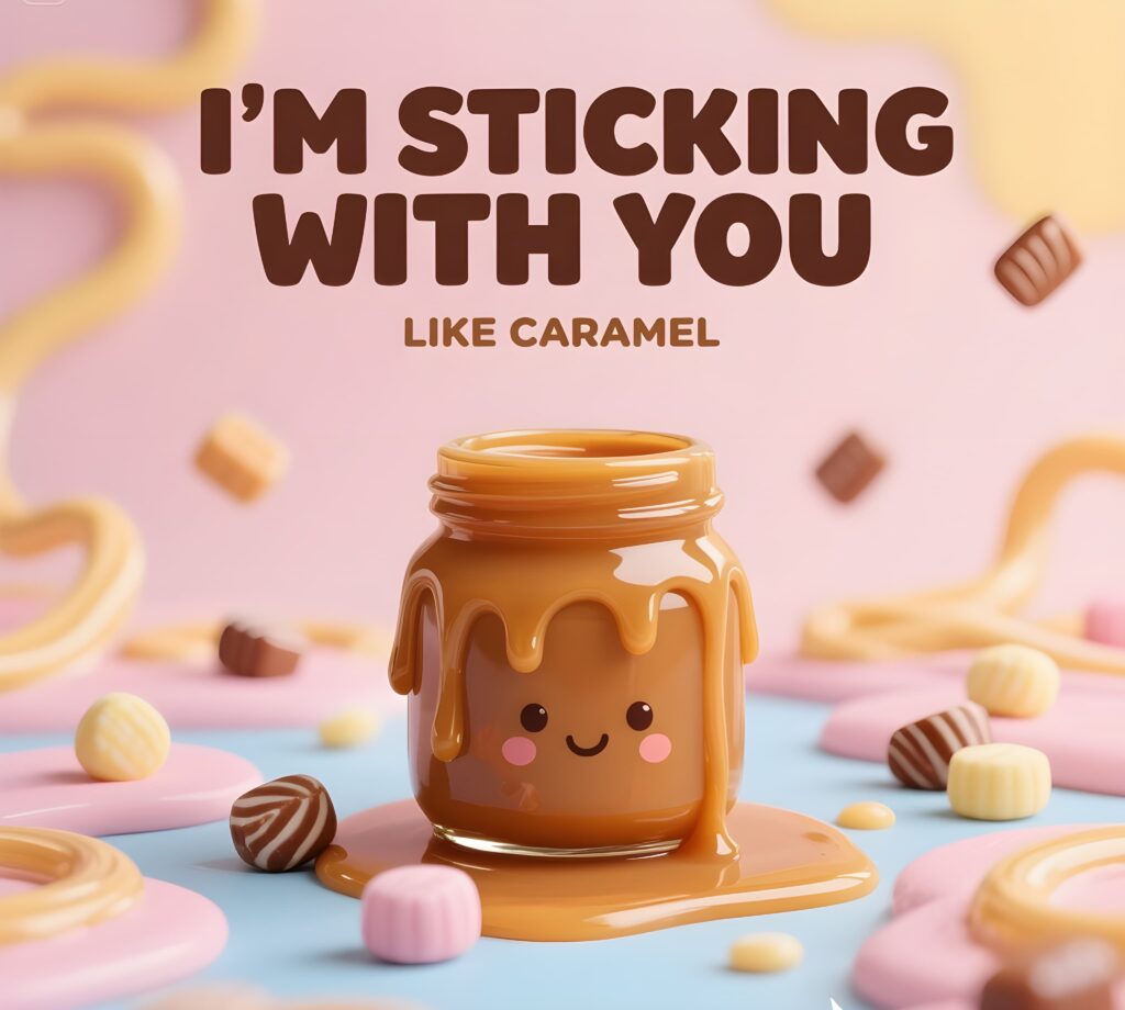 A cute graphic featuring caramel candies and the phrase "I'm sticking with you like caramel" in a whimsical style.
