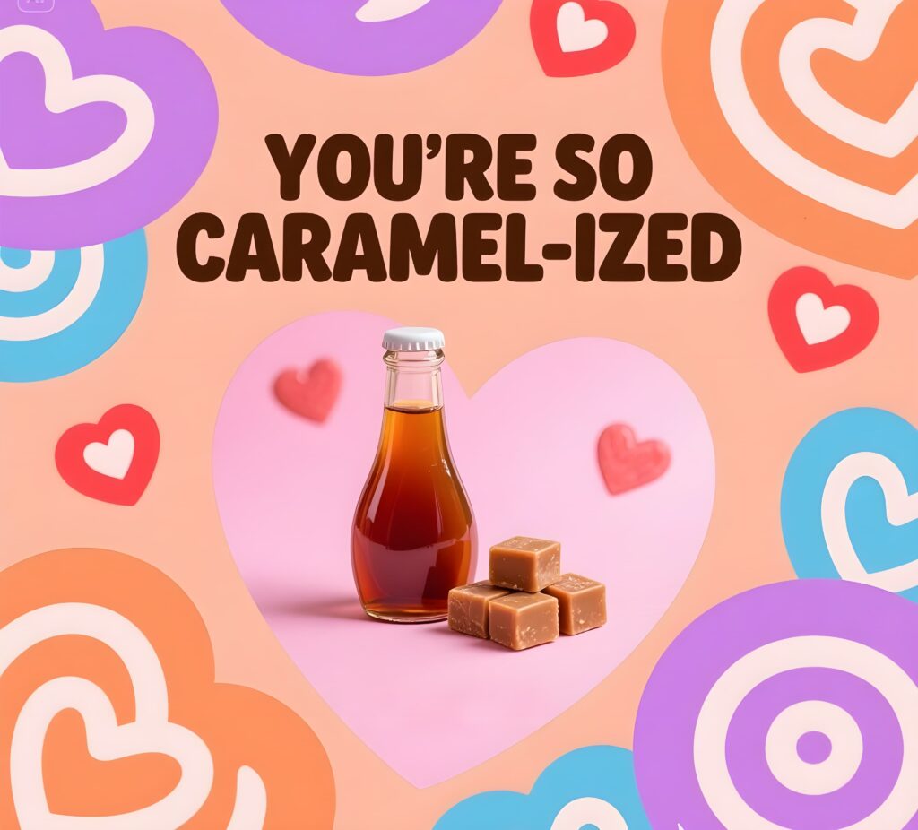 A playful graphic featuring the phrase "You're so caramel-ized" with a fun caramel-themed design and puns.