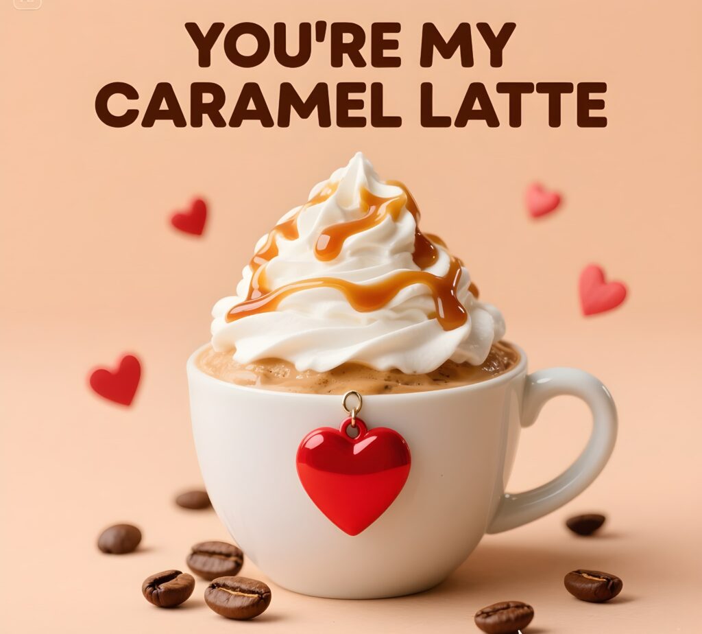 A whimsical design showcasing "You're my caramel latte" alongside a smiling coffee cup and caramel drizzle.