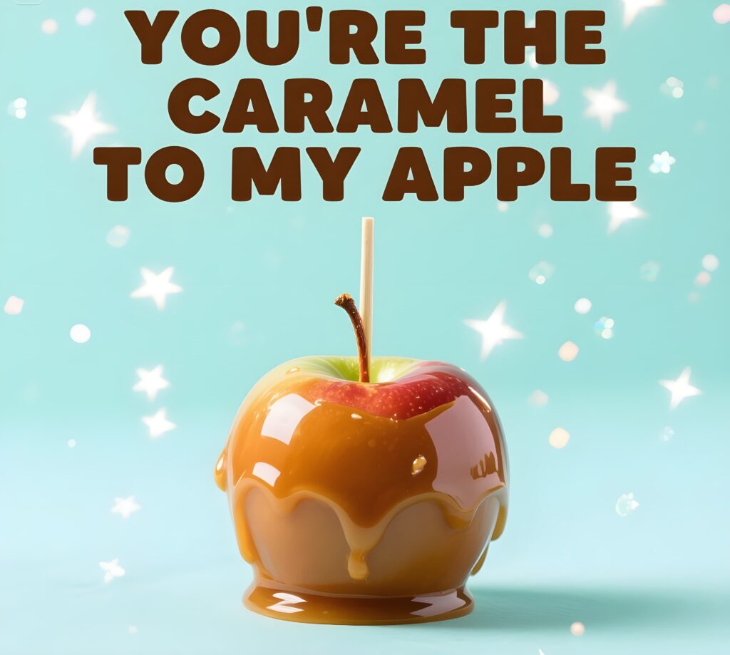 Fun illustration with the text "You're the caramel to my apple," celebrating a cute caramel-themed pun.