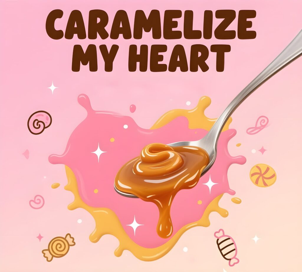 Charming image with the text "caramelize my heart," filled with caramel puns and a delightful, sugary vibe.