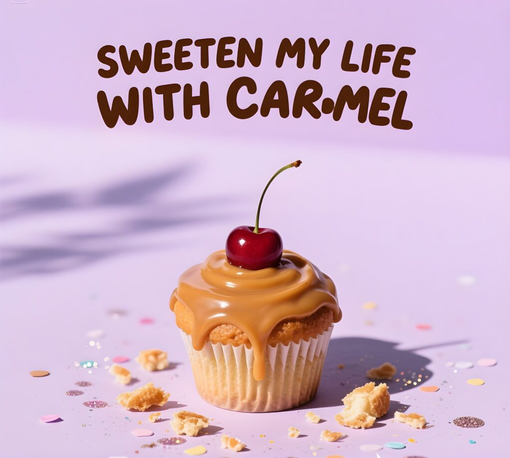 A playful image featuring caramel with the text "Sweeten my life with caramel" and fun caramel puns