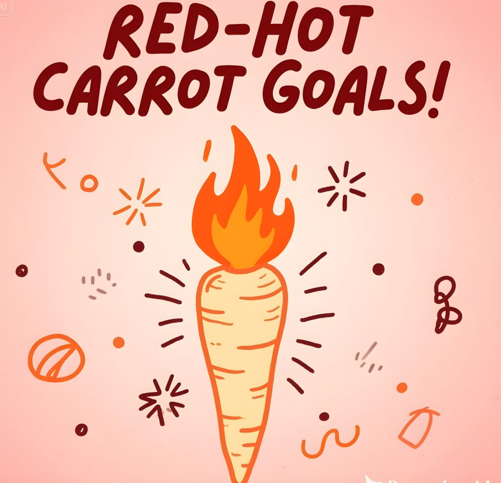 A playful image of vibrant red-hot carrots with fun puns about achieving goals.
