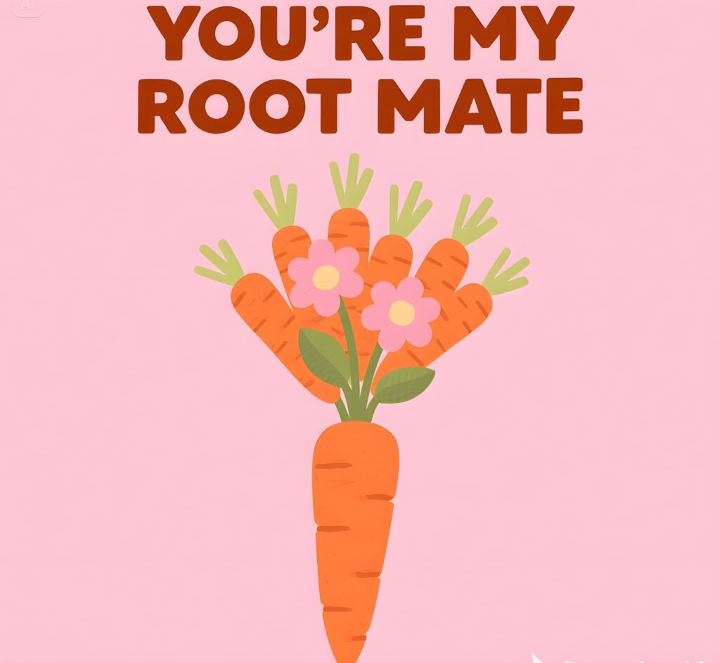 A card with a carrot pun, reading "You're my root mate," adorned with colorful veggie graphics.