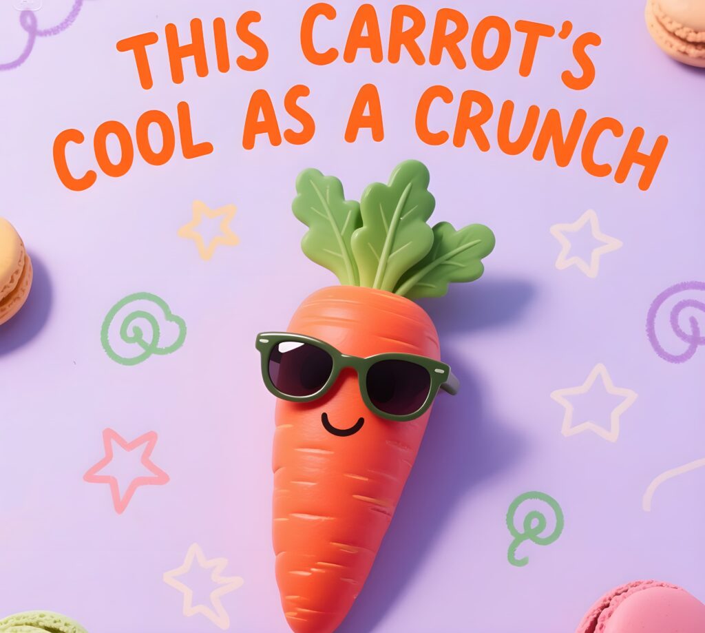 A vibrant carrot with sunglasses, playfully captioned "this carrot's cool as a crunch," featuring a clever carrot puns.