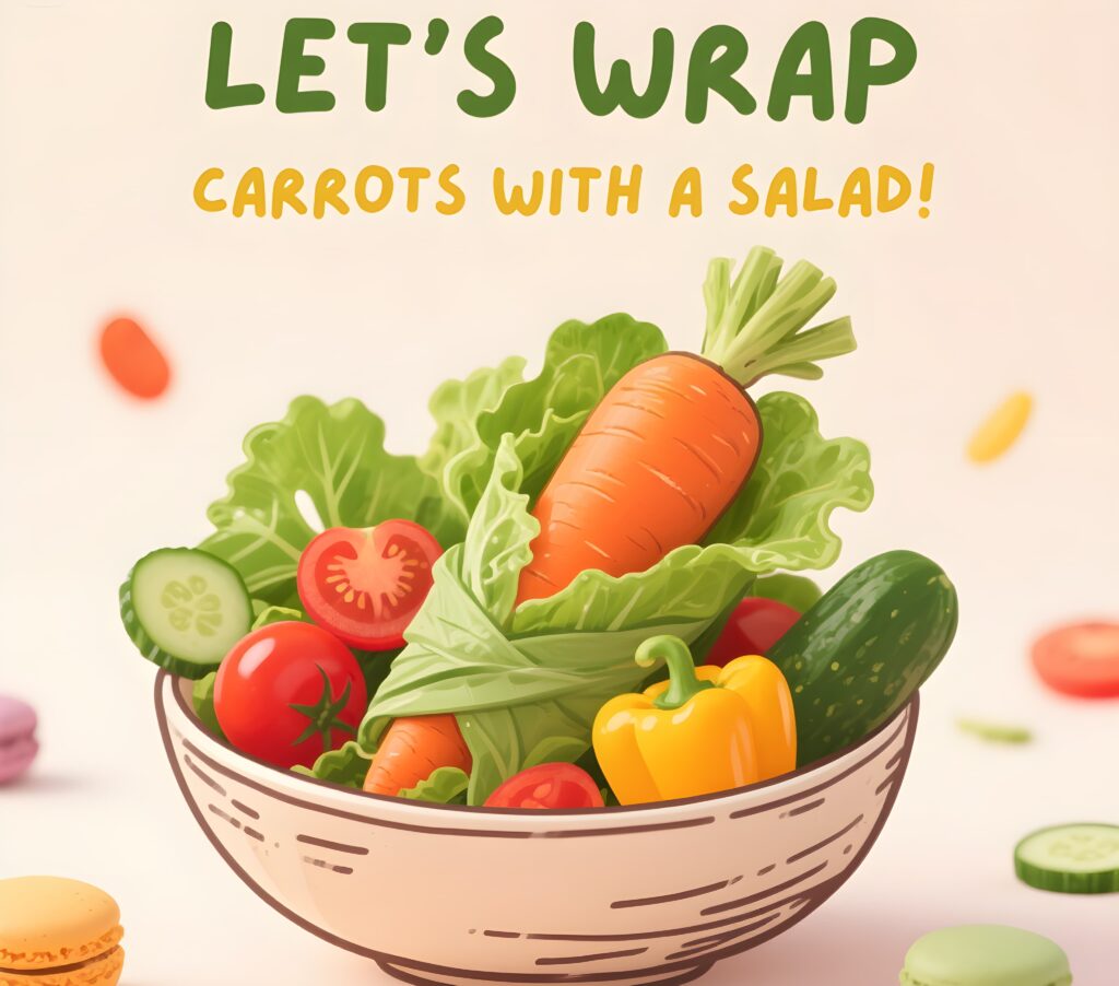 Vibrant bowl of veggies alongside the phrase "Let's wrap carrots with a salad," highlighting fun carrot puns.