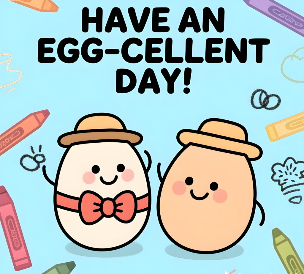 Fun design saying "Have an egg-celent day" with cute egg characters, perfect for egg pun lovers.