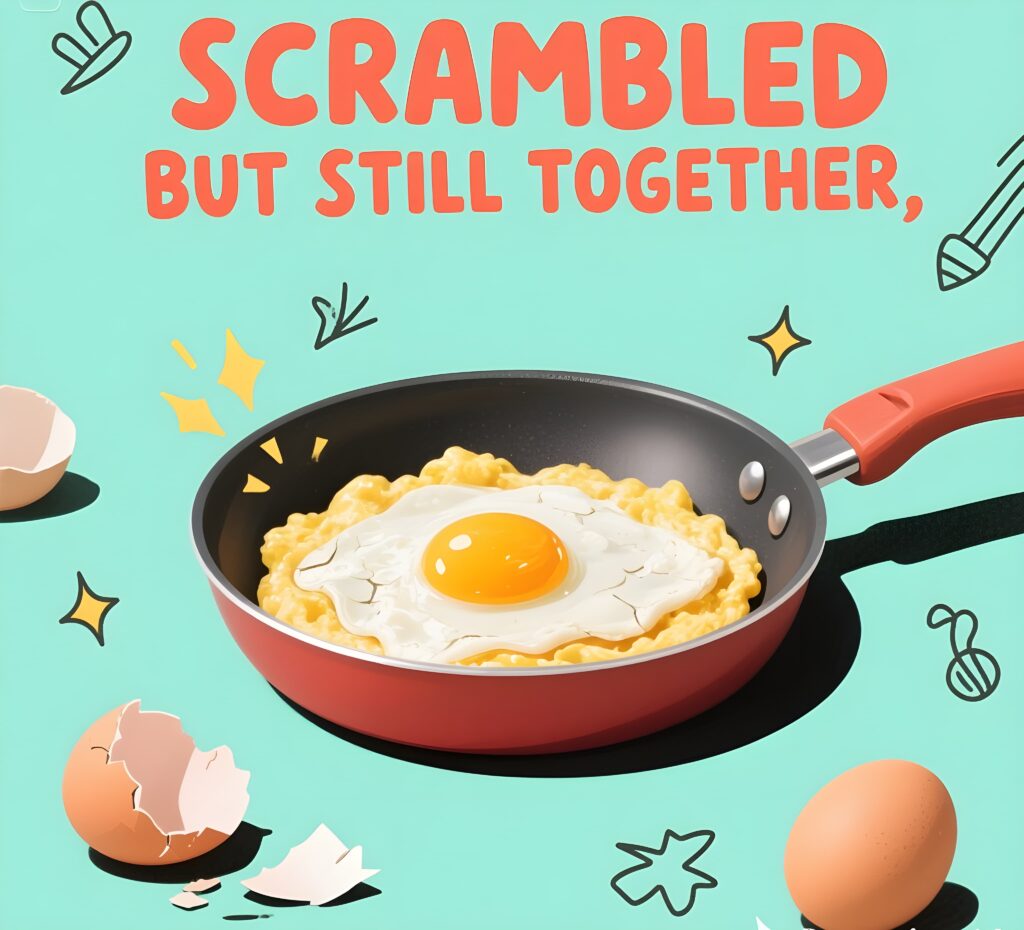 A playful plate of scrambled eggs, humorously mixed but still holding their shape, perfect for egg pun lovers.