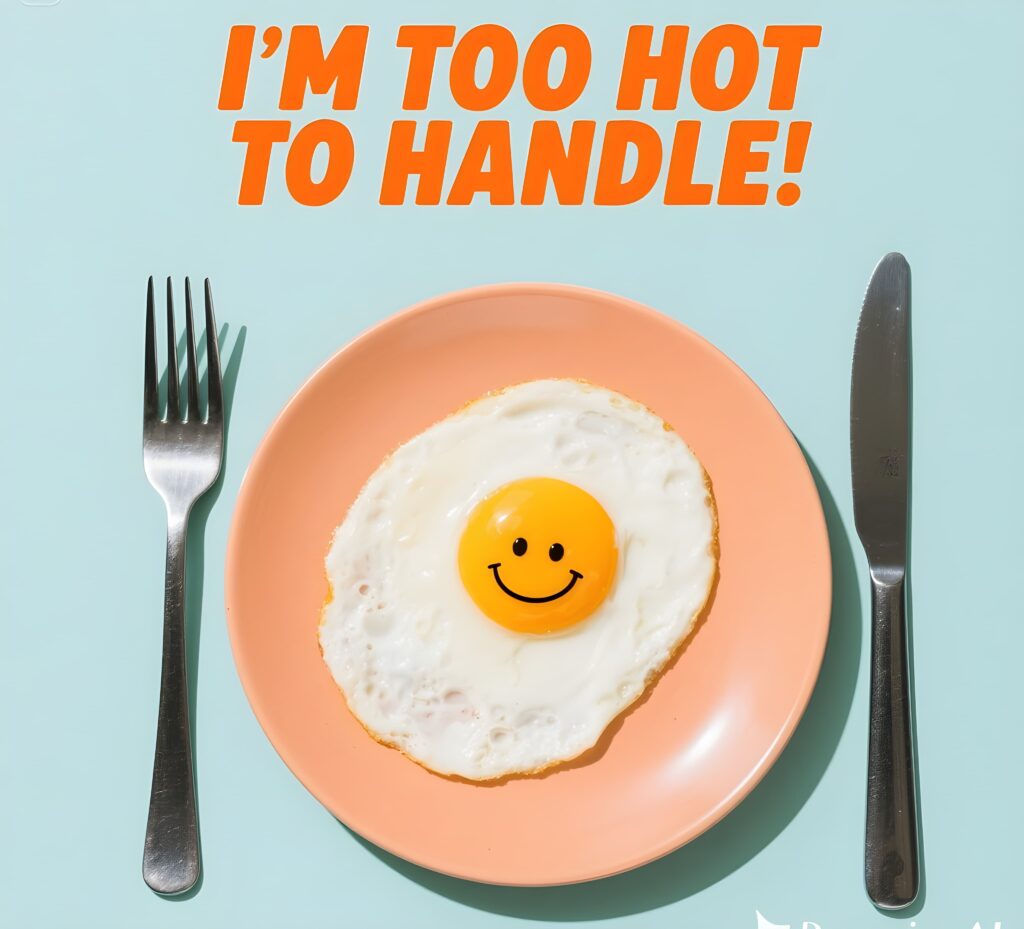 A cool egg character wearing shades, saying "I'm too hot to handle," with fun egg puns in the background.