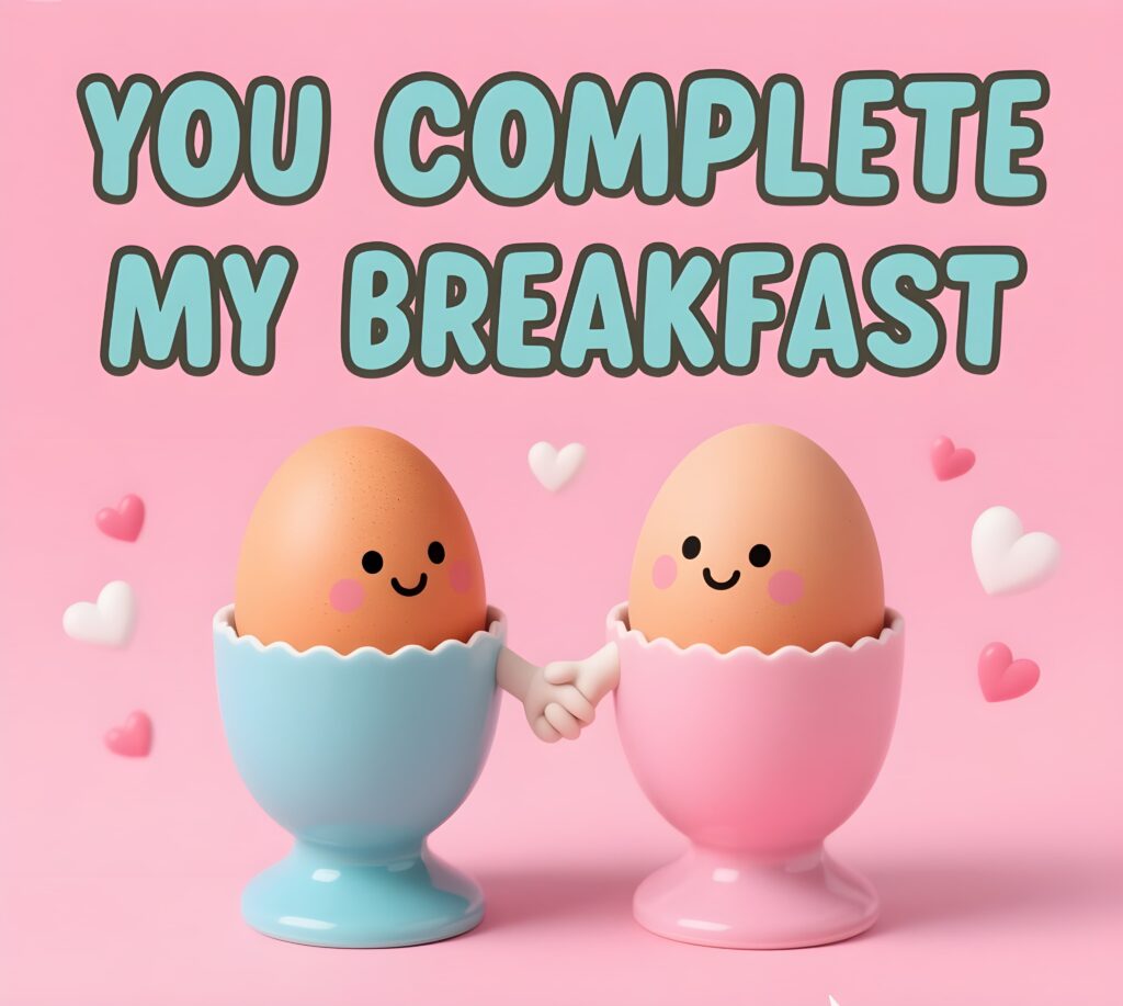 Cute Valentine's Day card with egg puns, reading "You complete my breakfast," showcasing cheerful breakfast-themed illustrations.
