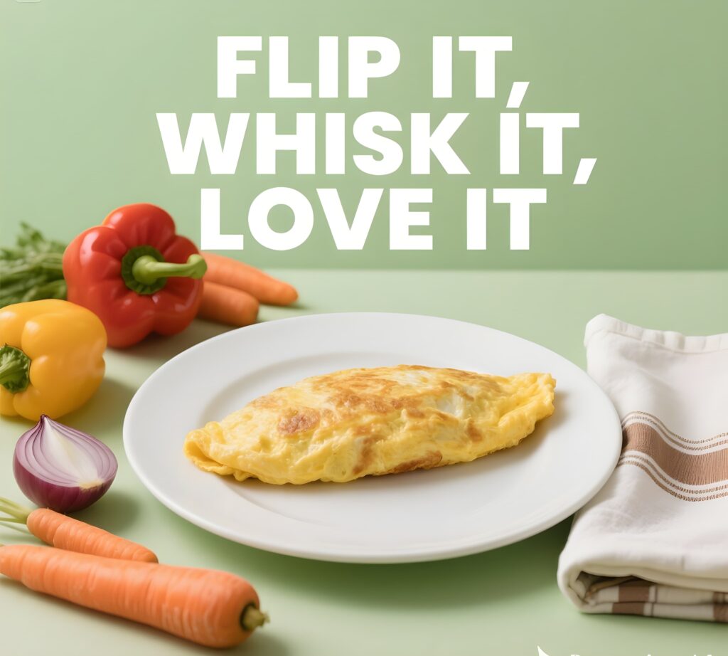 Fun graphic with egg puns: "flip it, whisk it, love it" surrounded by cheerful eggs and cooking tools.