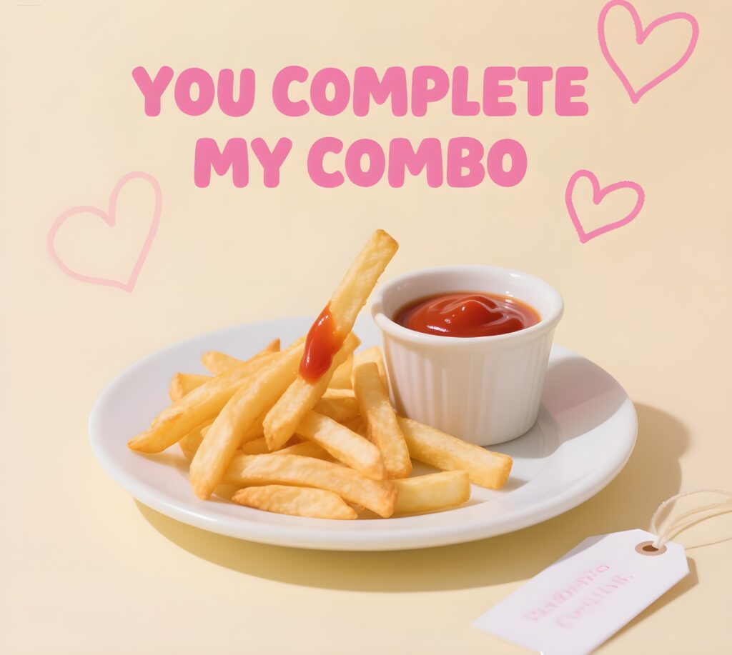 An image of fries with the phrase "You complete my combo," showcasing a lighthearted take on food pairings.