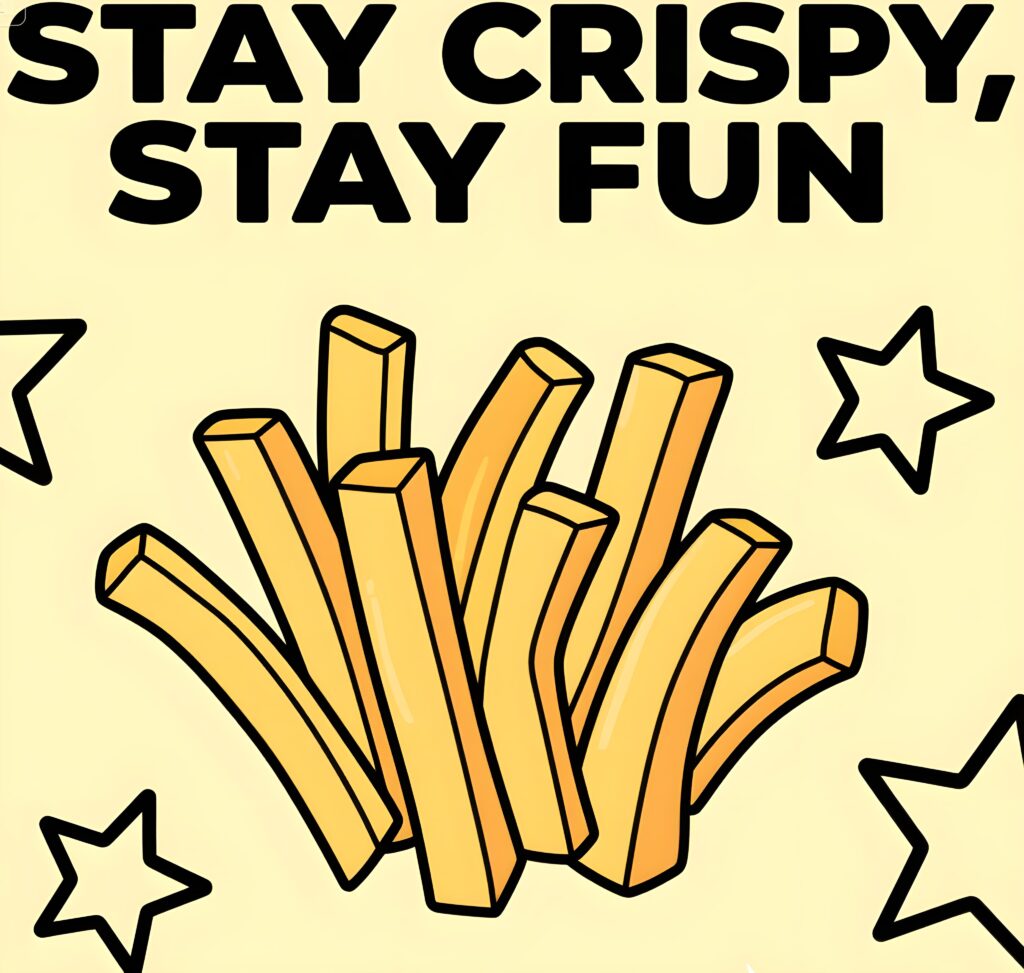Fun graphic with fries and the phrase "stay crispy, stay fun," highlighting playful food puns.