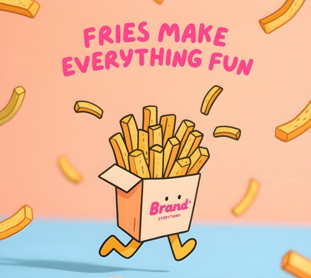 Colorful illustrations filled with fries puns, highlighting unique branding and design concepts in a whimsical way.