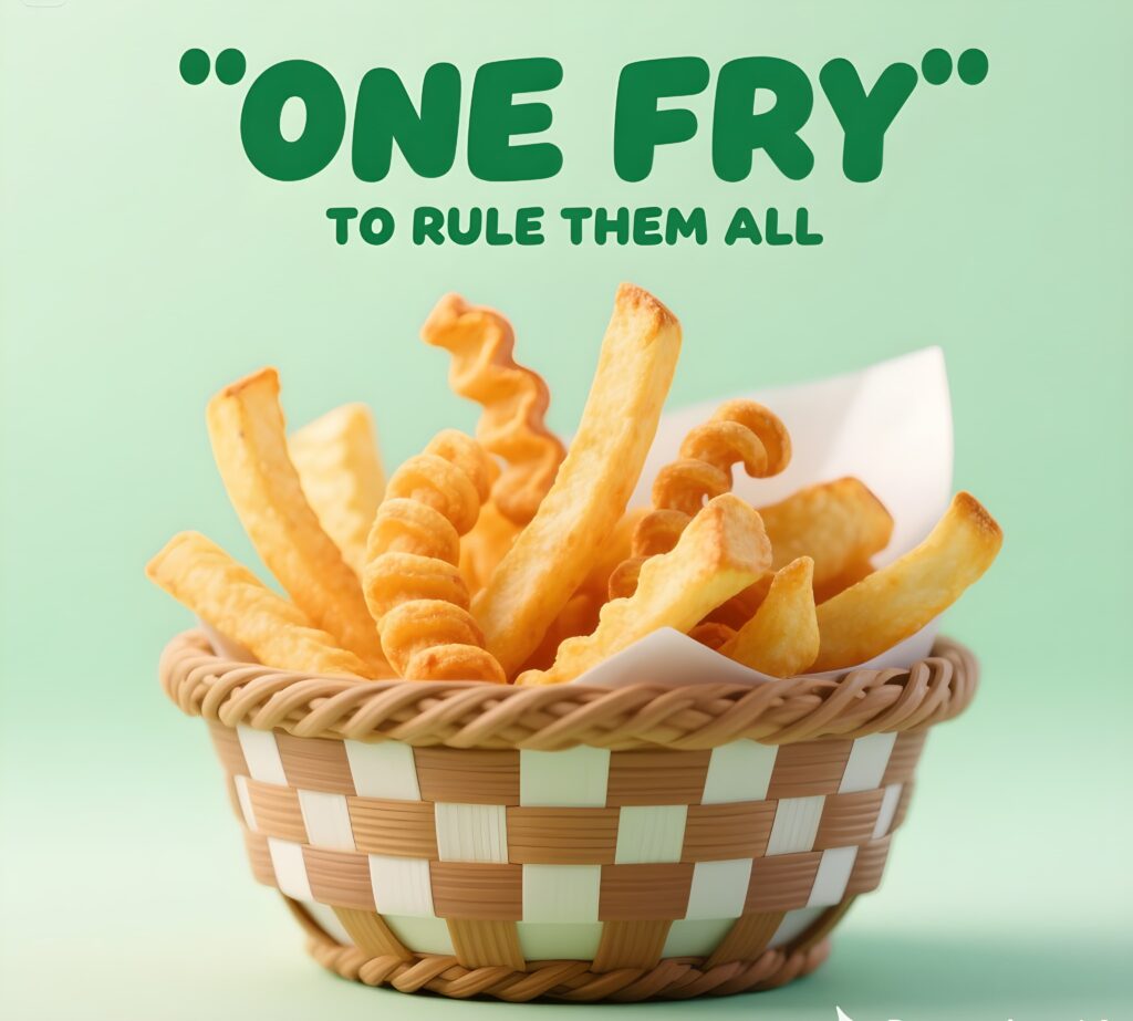 A single fry stands tall, humorously captioned "one fry to rule them all," showcasing a playful take on food puns.
