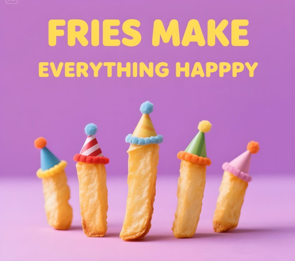 An image of crispy fries accompanied by the saying "Fries make everything happy," celebrating the joy of fries.