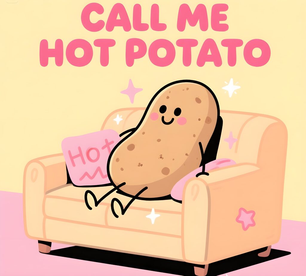 A playful image featuring fries with the text "Call me hot potato," showcasing a fun pun on food.