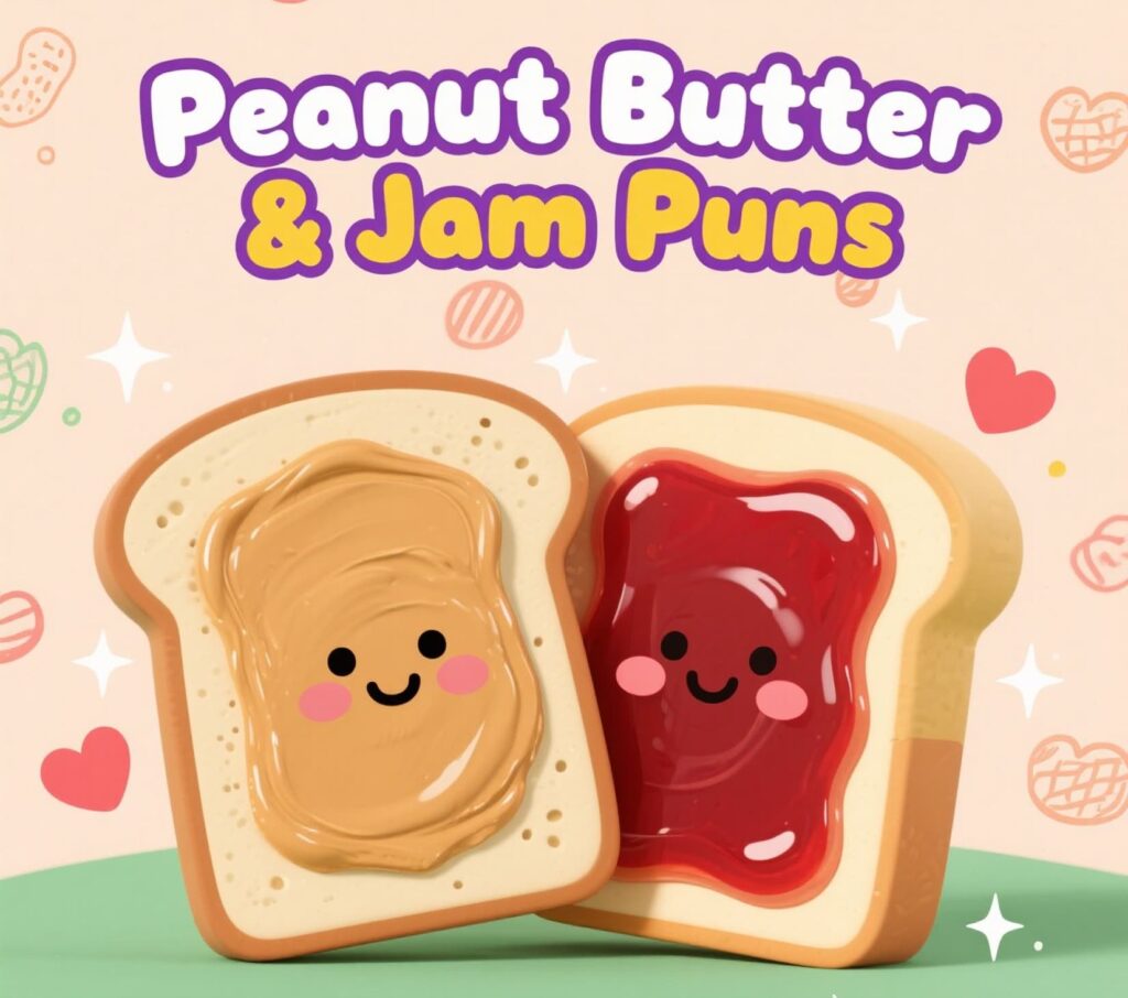 A playful illustration featuring peanut butter and jam puns, showcasing their fun and quirky wordplay.